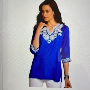 CHICO’S -Embellished , 3/4 Sleeve V neck  RAYON tunic top, blouse. Size 2/L